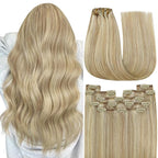 YoungSee Blonde Clip in Hair Extensions Real Human Hair Light Blonde Highlighted Golden Blond Clip on Hair Extensions for Women Human Hair Clip in Extensions Long Straight Hair 22Inch 120G 7Pcs