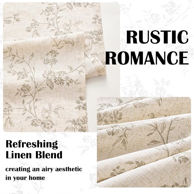 Grey Vintage Floral Linen Curtains Farmhouse 38W X 96L 2 Panels | Elisa Series - Image 3