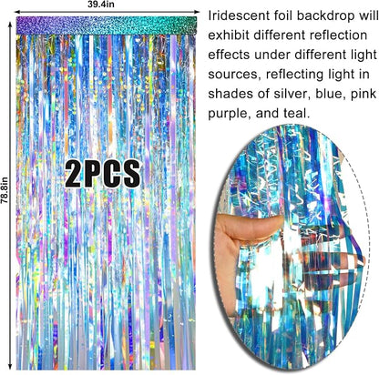 2 Packs Iridescent Foil Fringe Curtain, Neon Transparent Holographic Tinsel - Image 6