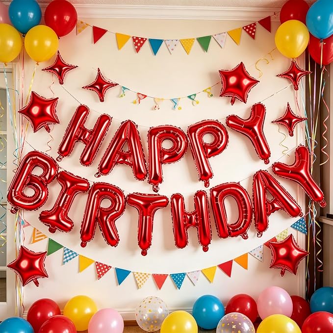 Red Happy Birthday Balloons Banner 16 Inch Mylar Foil Letters, 10 Inch Five & - Image 7