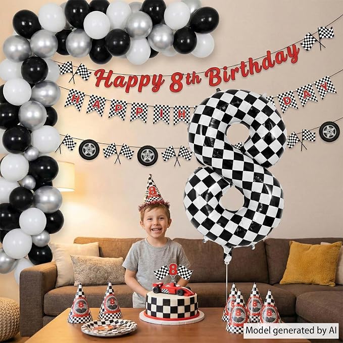 40 Inch Checkered Number 8 Balloon, Large Foil Black and White Number Balloons - Image 2