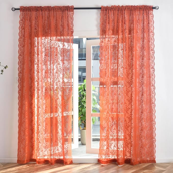FINECITY Burnt Orange Floral Lace Curtains - Image 8