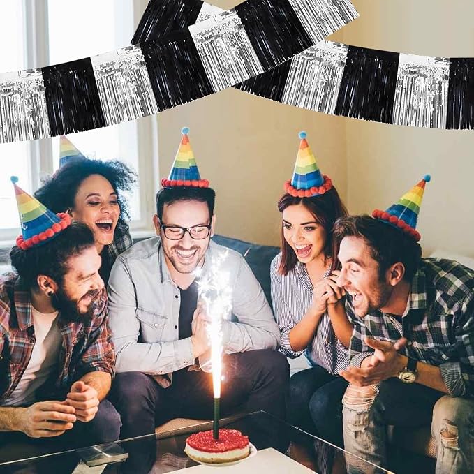 BEISHIDA Black Silver Fringe Garland Banner 30ft Wall Tinsel Foil Streamers | - Image 5