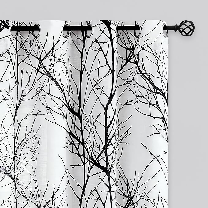 FMFUNCTEX Linen Black White Semi Sheer Print Curtains 84 Inch Long 2 Panels | by Fmfunctex