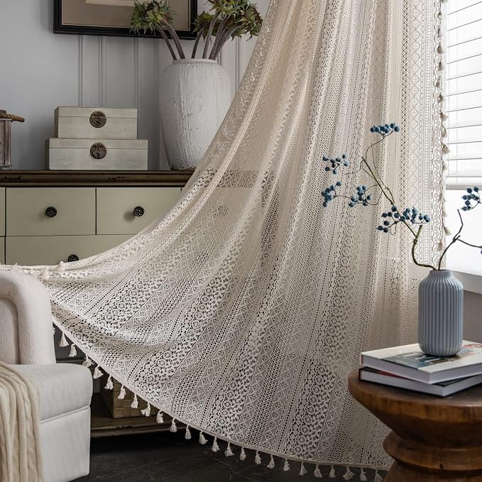 Sutuo Home Beige Boho Lace Sheer Curtains 84 inches Long, Crochet Macrame by SutuoHome