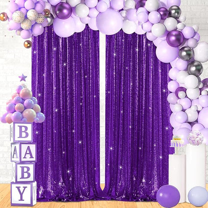 Purple Sequin Backdrop Curtains Party Photo Glitter Drapes 2 Pcs 2FTx8FT | - Image 2