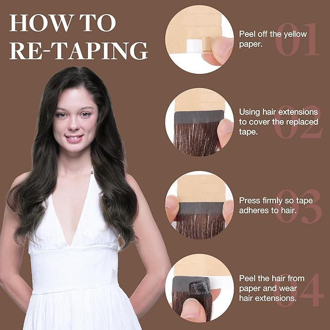 GOO GOO Tape in Hair Extensions Human Hair, 1C Mocha Brown, 22inch 30g 10pcs, Skin Weft Seamless Invisible, Silky Straight with Thick Ends, Remy Human Hair