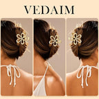Gold Hair Clips for Women Flower and Double Row Small Claw Clips for Thin/Medium Fine Hair - Nonslip Jaw Clips