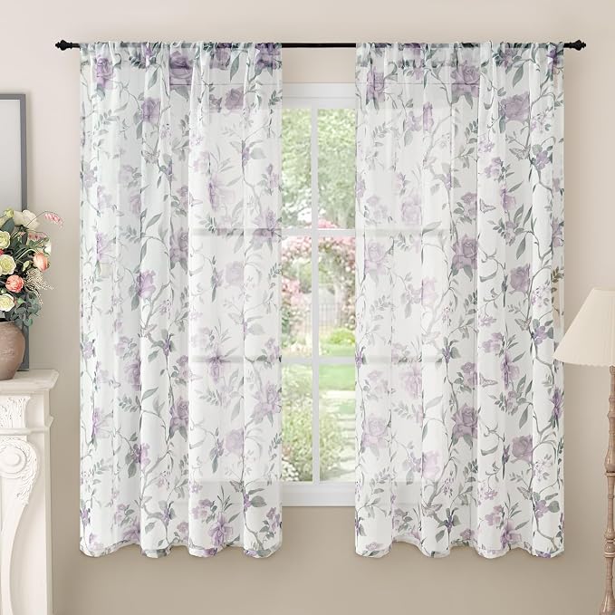 Floral Sheer Curtains 63 Inch Length 2 Panels, Farmhouse Light Filtering by Lajode