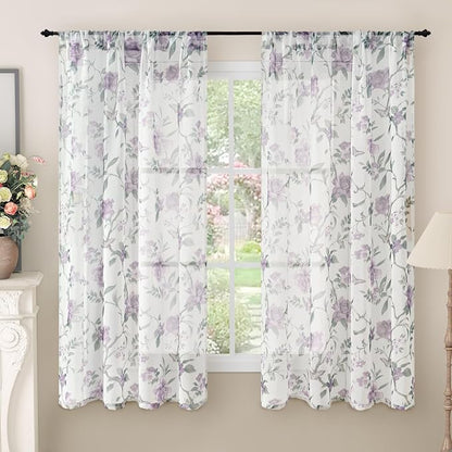 Floral Sheer Curtains 63 Inch Length 2 Panels, Farmhouse Light Filtering by Lajode