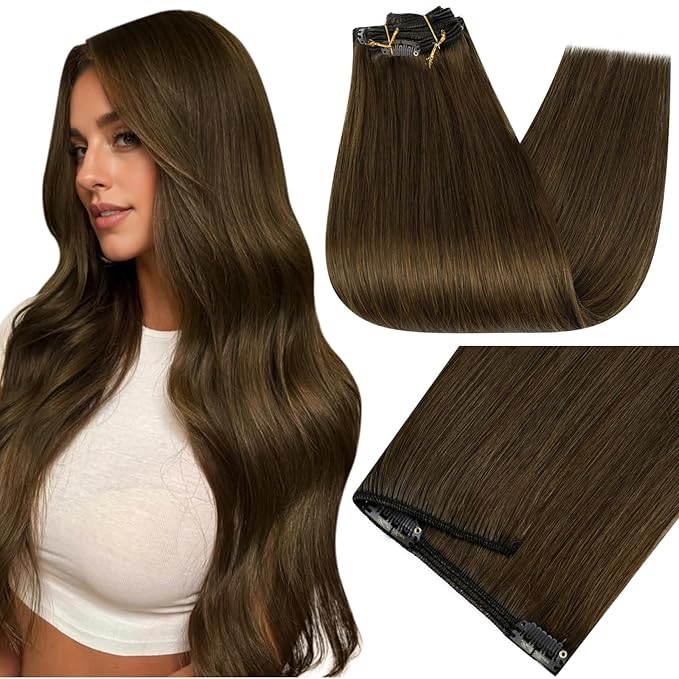 Full Shine 24 Inch Clip in Hair Extensions Human Hair Golden Brown Remy Hair Extensions Brunette Human Hair Clip in Extensions for Women Extra Volume 7 pcs