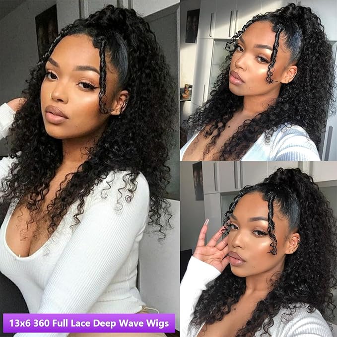 360 Deep Wave Lace Front Wigs Human Hair 200% Density 360 HD Lace Front Wigs Deep Wave Pre Plucked With Baby Hair Curly Full Lace Wig with Adjustable Straps for Women (20 Inch)
