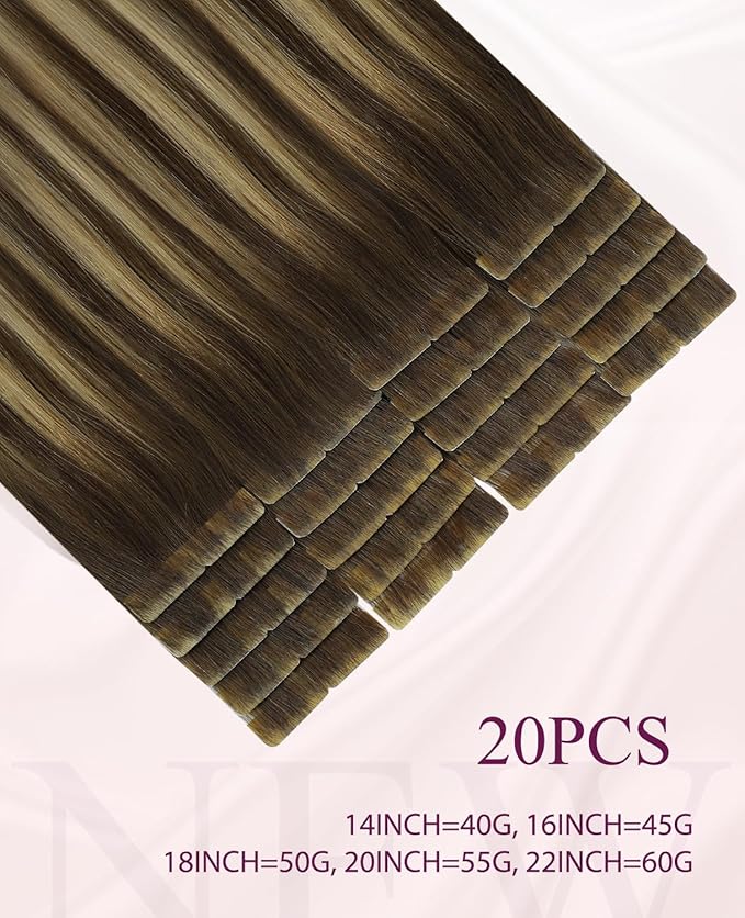 Pinkpearl Invisible Tape in Hair Extensions Human Hair, 20pcs 14inch 40g #4/27/4 Balayage Chocolate Brown to Caramel Blonde Injection Tape in Extensions Real Remy Seamless Human Hair Injected