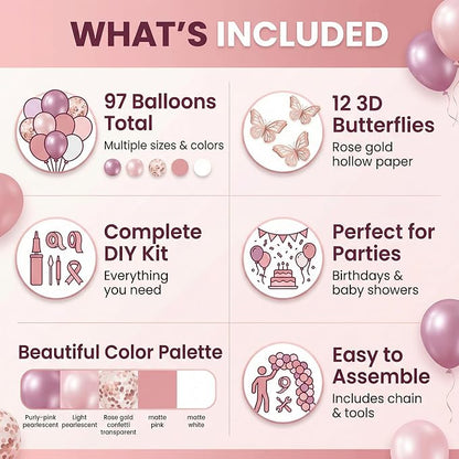 Pink Butterfly Balloon Garland Kit 113pcs, 18in Pink Purple Pearl Confetti - Image 3