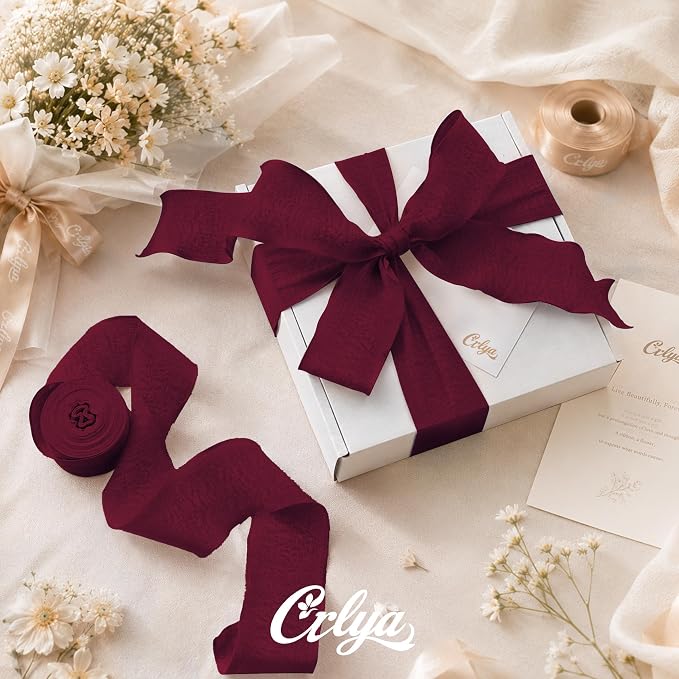 Wine Red Ruffle Ribbon, 1-1/2 Inch x 10 Yards Chiffon Silk Ribbons | Crinkle - Image 2