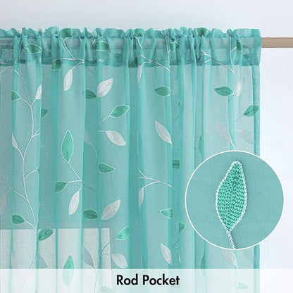 MIULEE Turquoise Sheer Curtains 2 Panels Leaf Patterned, W52 x L63 | - Image 6