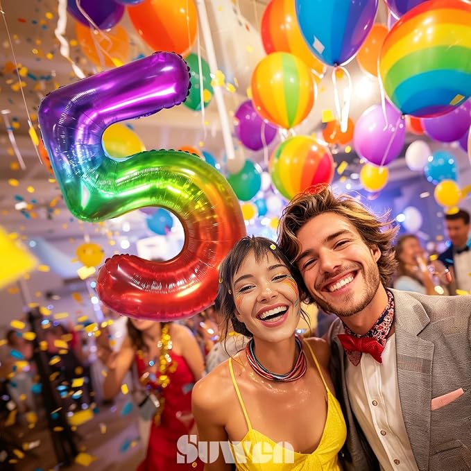 SUWEN Rainbow Number 5 Balloon 40 Inch, Big Colorful Balloons 0-9 | Large - Image 2