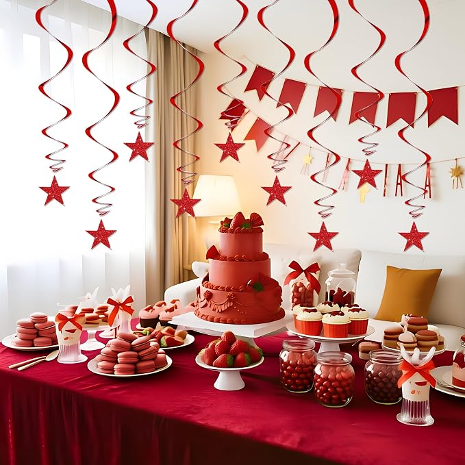 BEISHID Red Glitter Stars Hanging Swirls Pre-Strung Stars Hanging Decorations - Image 6