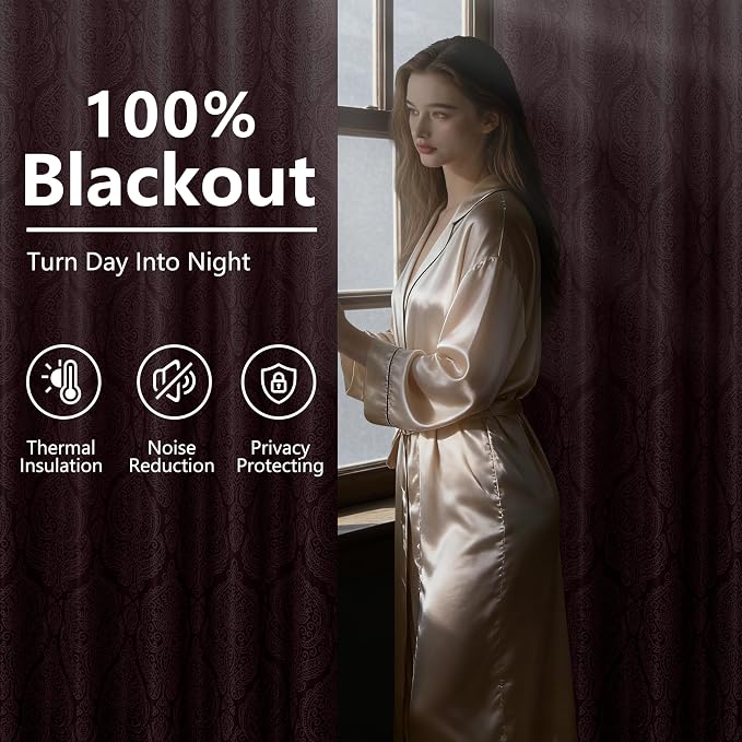 DWCN 100% Blackout Curtains for Bedroom 63 Inch Long-Damask Patterned Ombre - Image 5