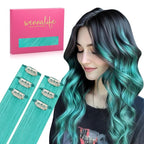 WENNALIFE Teal Green Clip in Hair Extensions Real Human Hair 35g 6pcs 18 Inch Colored Hair Extensions for Kids Women Colorful Hair Pieces Pop-up Style Straight Extensiones De Cabello Humano Con Clip