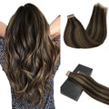GOO GOO Tape in Hair Extensions Human Hair, 2/6 Dark Brown Highlighted Chestnut Brown, 16inch 50g 20pcs, Skin Weft Seamless Invisible, Silky Straight with Thick Ends, Remy Human Hair