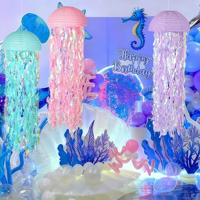 Set of 6 Mermaid Jellyfish Lanterns 10'' – Pink Purple Blue Decorations - Image 6