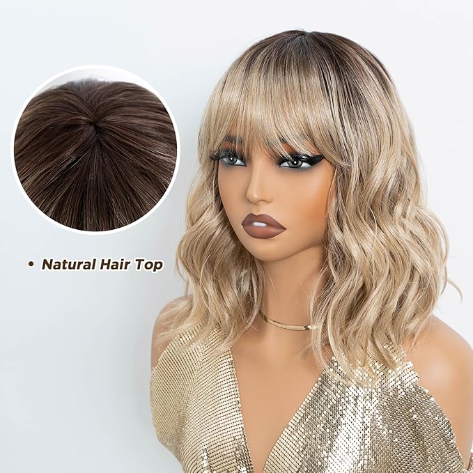 NOBLE Bob Wig Short Wigs for Women Bob Curly Wavy Hair Wigs with Bangs Heat Resistant 12 Inches Synthetic Wig for Cosplay Daily Use