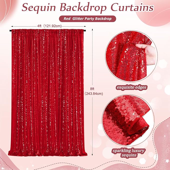 Red Sequin Backdrop Curtains-2 Panels 4FTx8FT Red Backdrop - Image 3