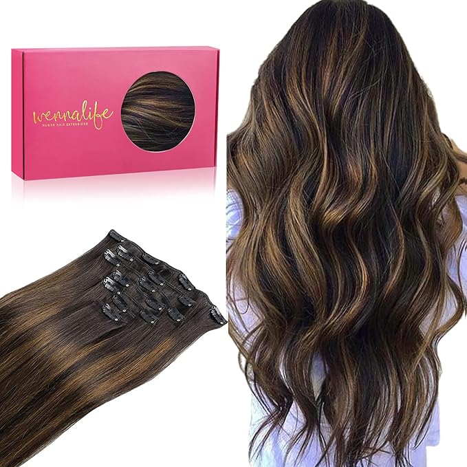 WENNALIFE Clip in Hair Extensions Real Human Hair, 14 Inch 110g 7pcs Remy Hair, Balayage Dark Brown Mixed Chestnut Brown Straight Natural Extensiones De Cabello Humano Con Clip Ins