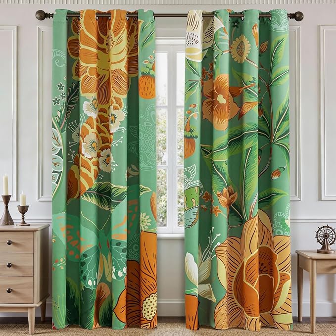 Tyrot Sage Green Boho Floral 100% Blackout Curtains by TyrotHomeDecor