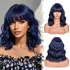 Dark Blue Bob Wig With Bangs Wave Wigs for Women 14 Inch Short Loose Wavy Heat Resistant Synthetic Wig Shoulder Length Hair for Daily and Cospaly Party Use