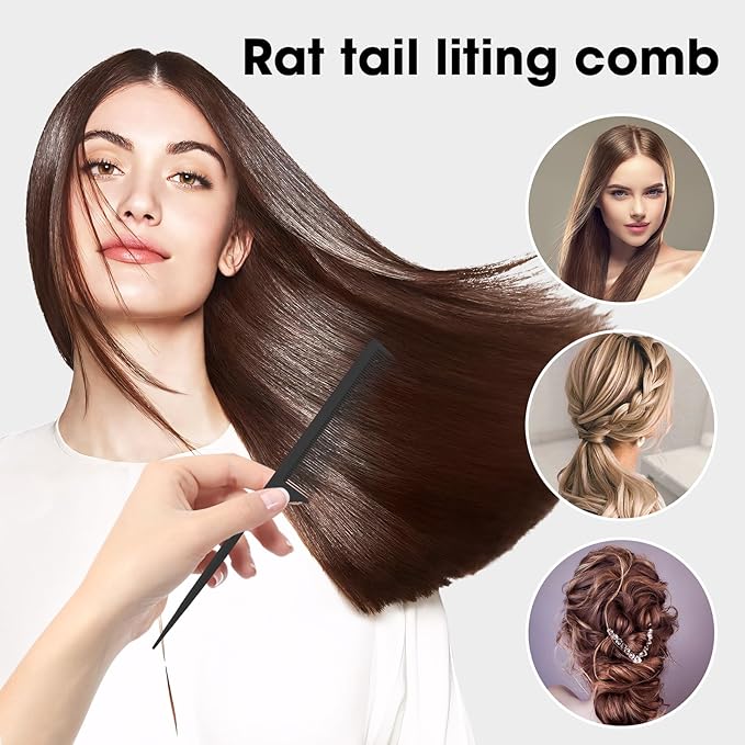 Rat Tail Comb 2-in-1 Rat Tail Comb for Women - Fine Tooth Parting Tip, Carbon Fiber Root Teasing, Anti-Static - Hair Combs for Styling(White, Black)