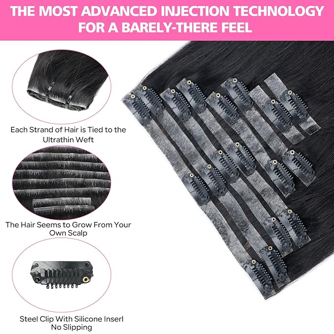 Injected Clip in Hair Extensions Real Human Hair Invisible Hand-Tied Weft Hair Extensions Clip in Human Hair Straight Seamless Clip ins for Women 8Pcs 120g 14inch #1B Natural Black