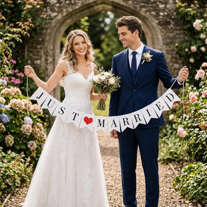 Just Married Banner Pre-strung Wedding Banner Bunting Photo Booth Props Garland by SUWOW