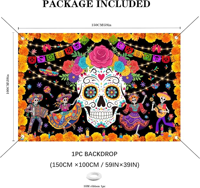 Day of The Dead Backdrop 59x39in Floral Sugar Skull Banner | Washable polyester - Image 2