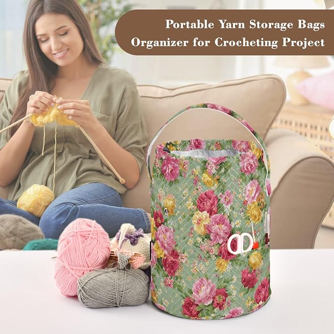 Green Vibrant Roses and Dots Yarn Bag Small Crochet Bag Drawstring Yarn Storage - Image 4