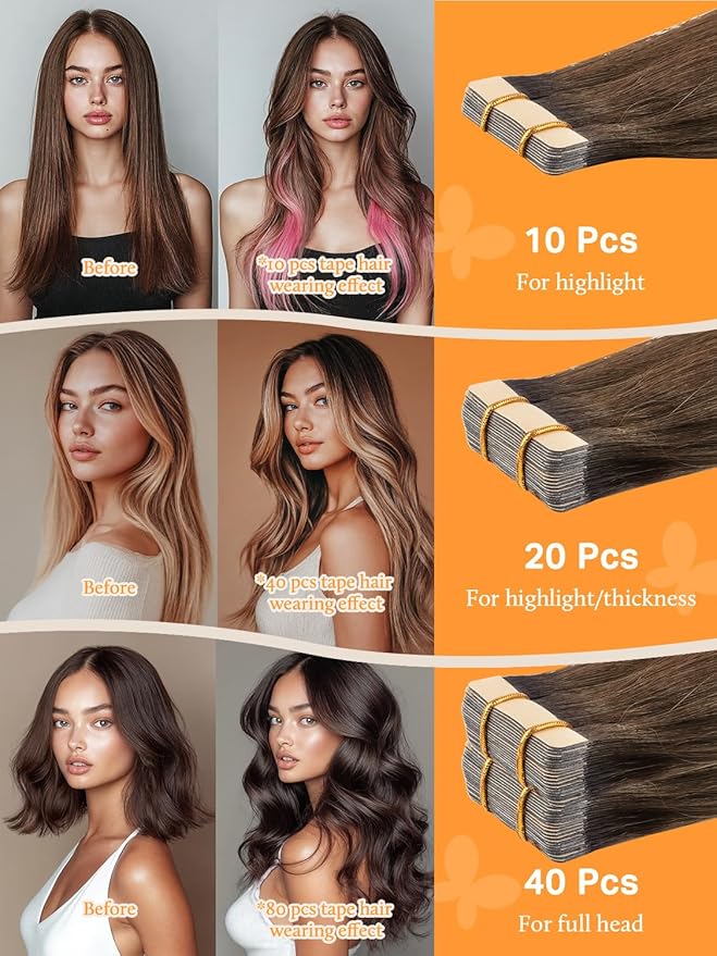 DOORES Tape in Hair Extensions Human Hair, Dark Brown to Chestnut Brown 12 Inch 40g 20pcs, Human Hair Extensions Natural Remy Hair Extensions Straight Hair