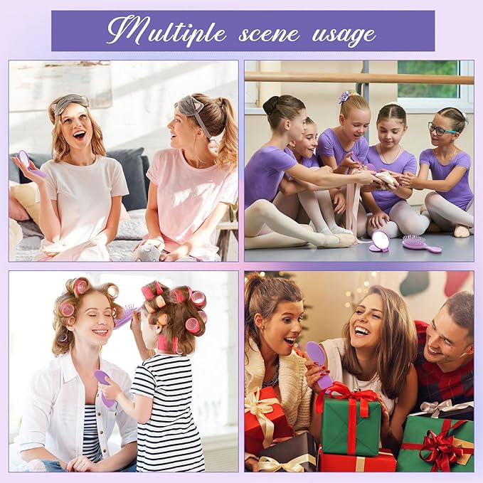 Meanplan 48 Pcs Mini Hair Brush Set 24 travel Wet Dry Hair Combs Pocket Detangling 24 Compact Folding Makeup Mirrors for Spa Sleepover Birthday Bridal Shower Bachelorette Christmas Party Gift(Purple)