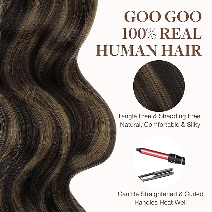 GOO GOO Tape in Hair Extensions Human Hair, 2/6 Dark Brown Highlighted Chestnut Brown, 20inch 50g 20pcs, Skin Weft Seamless Invisible, Silky Straight with Thick Ends, Remy Human Hair