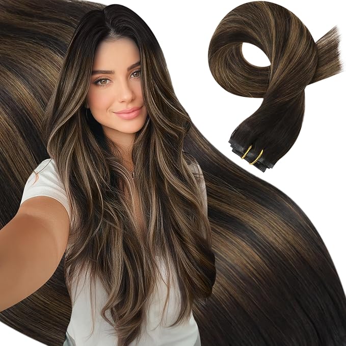 Moresoo PU Seamless Human Hair Clip in Extensions 135g 7pcs Clip in Hair Extensions Real Human Hair Straight Natural Thick and Soft Remy Hair Dark Brown to Chestnut Brown Balayage 16inch