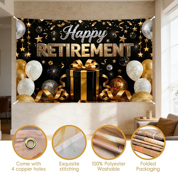 72x43 Inch Retirement Party Decorations Happy Retirement Backdrop | Large Black - Image 3