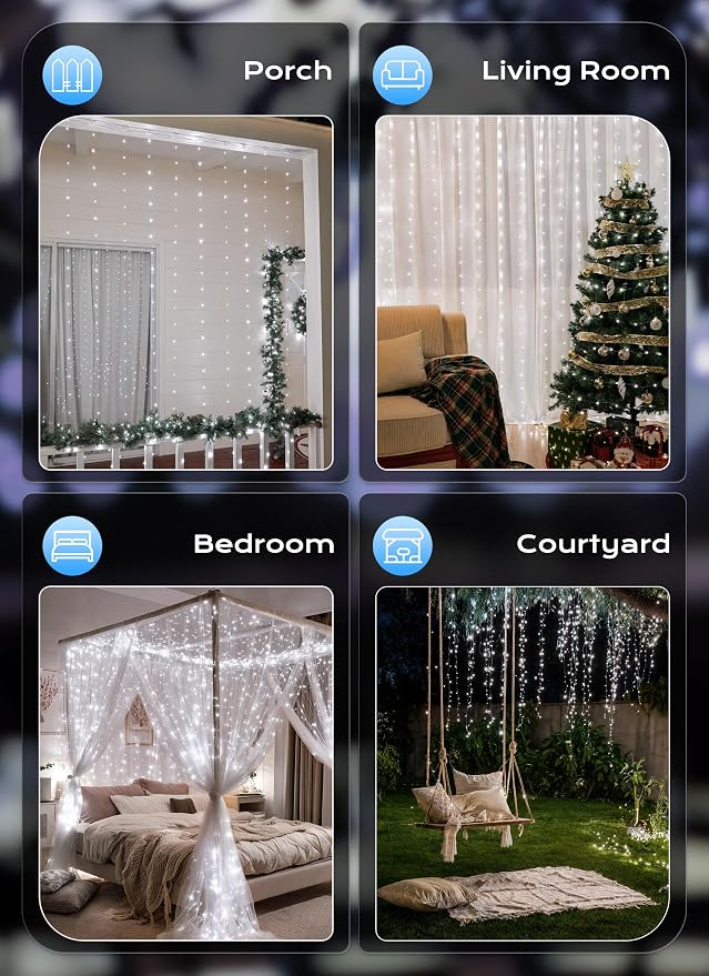 Brightown 300 LED White Fairy Curtain Lights, 9.8ft x 9.8ft String Lights | - Image 8
