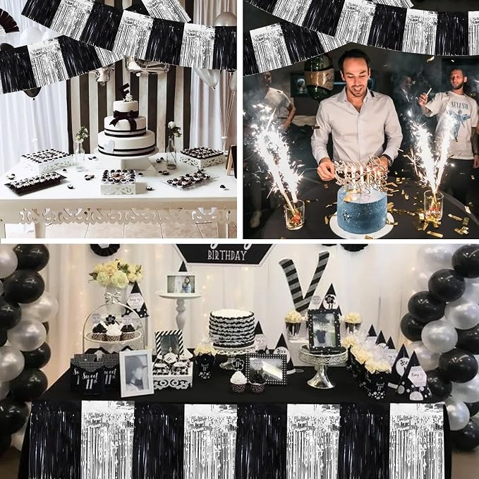 BEISHIDA Black Silver Fringe Garland Banner 30ft Wall Tinsel Foil Streamers | - Image 4
