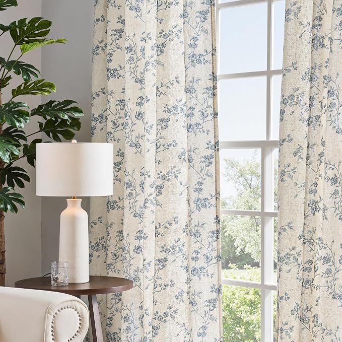 jinchan Blue Floral Linen Curtains 84 Inch Country Drapes Back Tab 2 Panels | - Image 7
