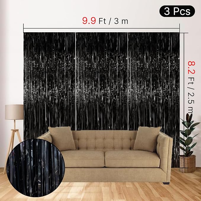 PartyWoo Black Foil Fringe Streamers 8.2FT 3pcs Tinsel Backdrop Curtain | Black - Image 4
