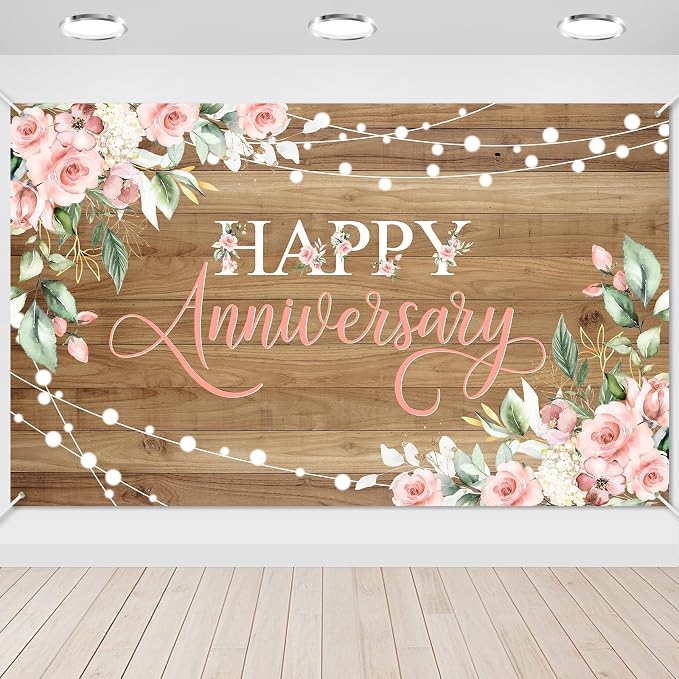 Avezano Happy Anniversary Backdrop Rustic Pink Floral Happy Anniversary Banner by AVEZANO