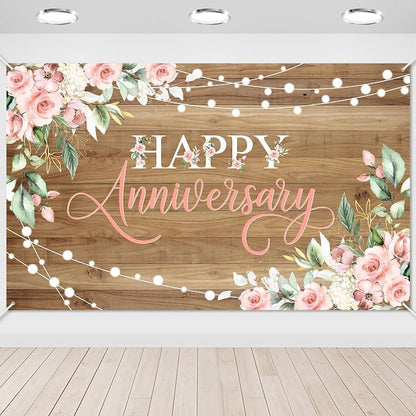Avezano Happy Anniversary Backdrop Rustic Pink Floral Happy Anniversary Banner by AVEZANO