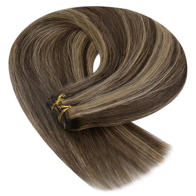 YoungSee Sew in Hair Extensions Real Human Hair Highlights Brown with Blonde Weft Extensions Long Straight Human Hair Sew in Extensions Dark Brown Mix Caramel Blonde 22Inch 100G