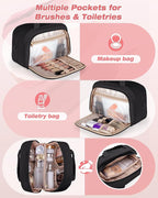 Travel Toiletry Bag for Women with Hanging Hook, Water Resistant Puffy Makeup Organizer with Leak Proof Pockets for Toiletries and Cosmetics - Black (Bag Only)