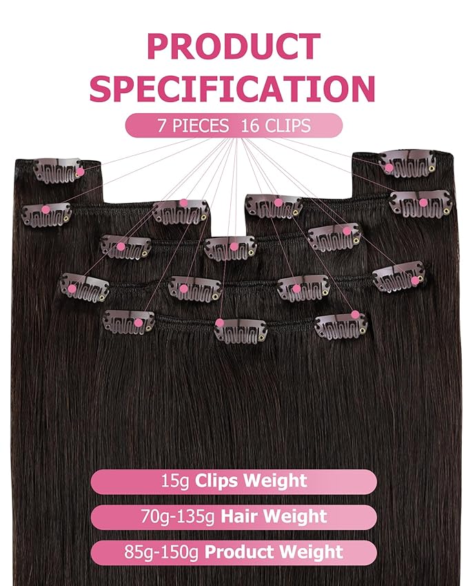 YoungSee Clip in Hair Extensions Human Hair Brown Clip on Hair Extensions for Women Darkest Brown Clip in Human Hair Extensions Silky Remy Hair 20Inch 120G 7Pcs